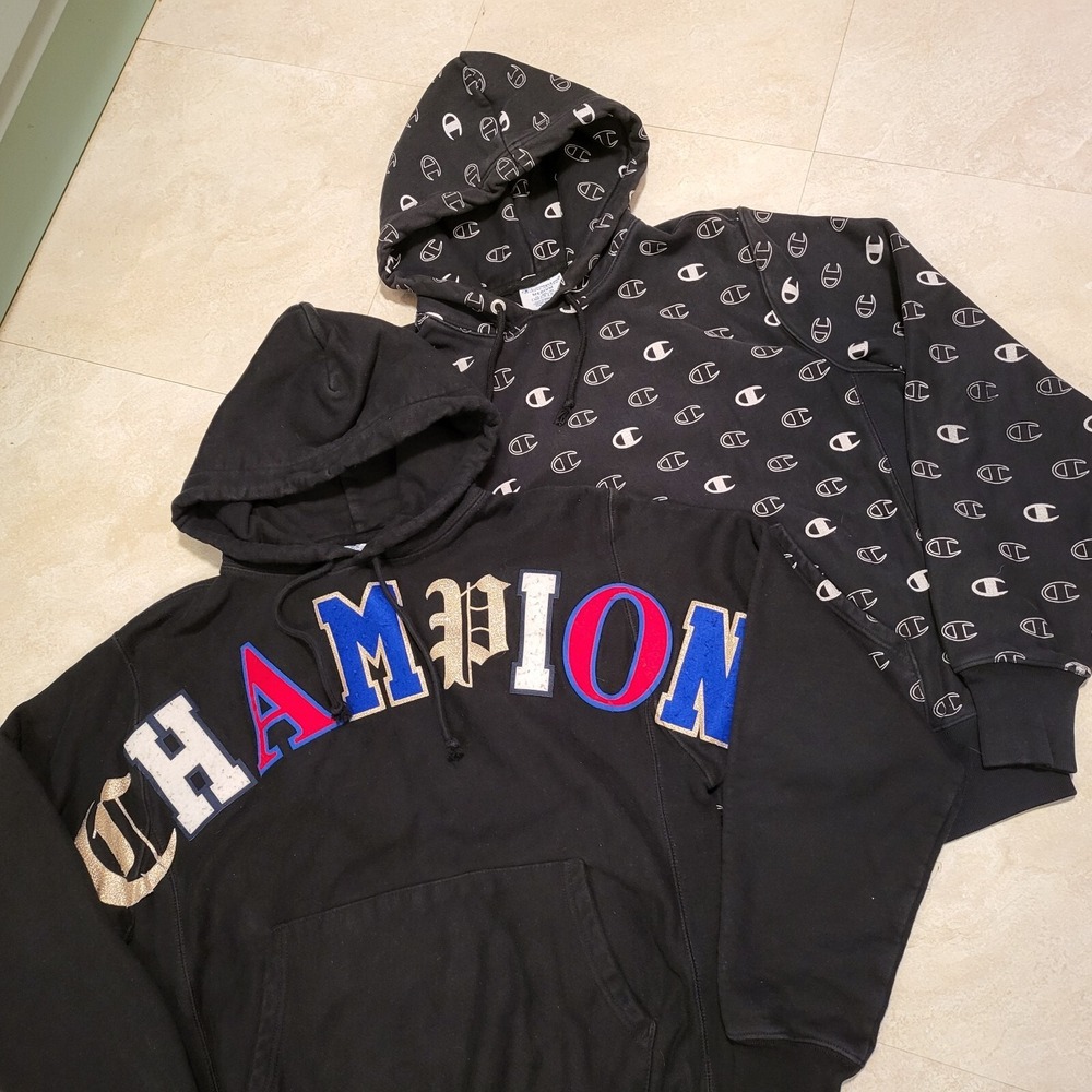VTG Y2K Champion Reverse Weave Mens M Medium Black Sweatshirt Hoodie Lot